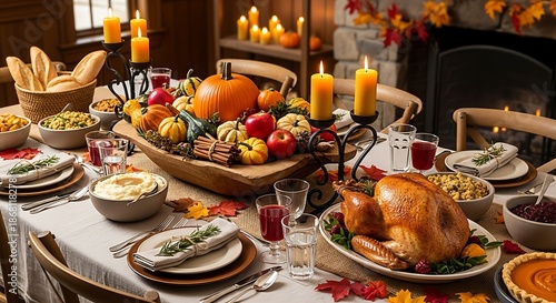 Thanksgiving feast with roasted turkey and autumnal harvest table setting