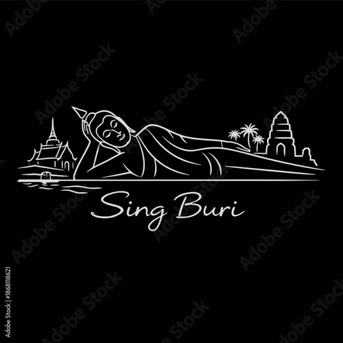 Reclining Buddha and Sing Buri landmarks vector line art illustration
