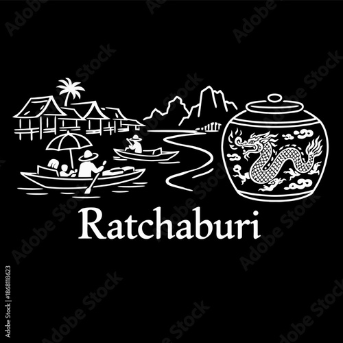 Ratchaburi Thailand landmarks and dragon jar vector illustration