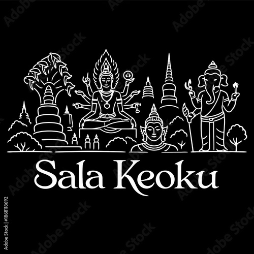 Sala Keoku sculpture park landmarks line art illustration