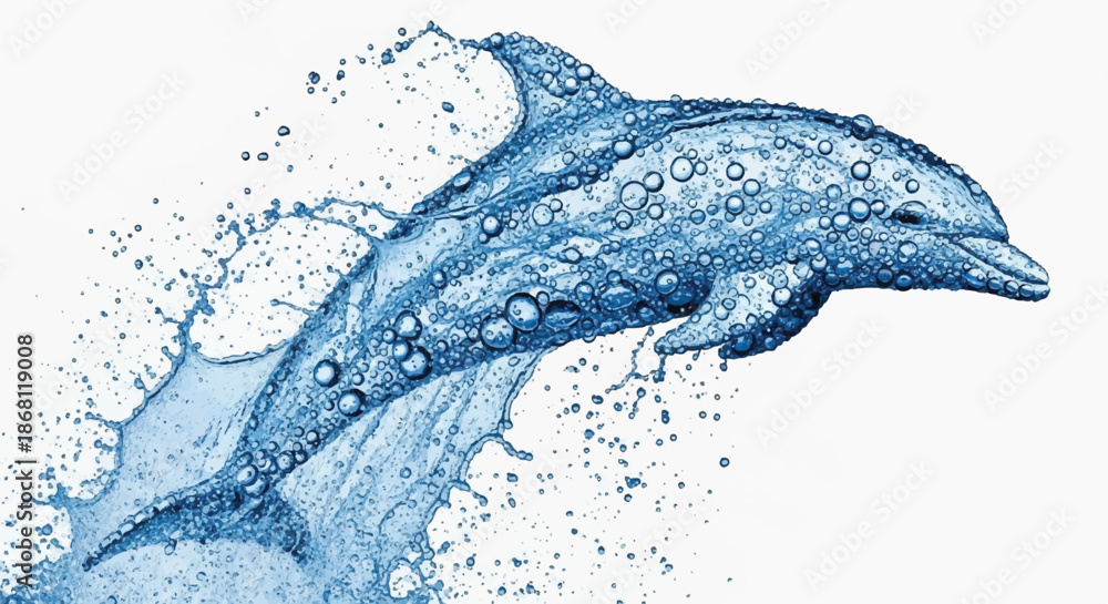 Fototapeta premium Jumping Dolphin Shape Made of Water Splashes and Bubbles Isolated