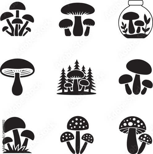 Black silhouettes of various mushroom types and forest scenes
