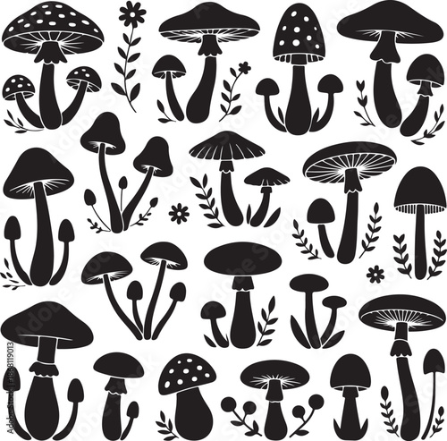 Black silhouettes of various mushrooms and plants on white background