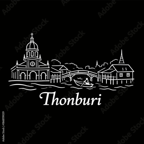Thonburi Bangkok skyline with Santa Cruz Church vector illustration