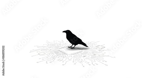 Black Crow Perched on Microchip Circuit Board Minimalist Tech Concept