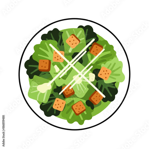 Flat vector icon of a fresh green salad in a bowl, showcasing crisp lettuce, golden croutons, and a creamy dressing, presented in a minimalist, top-down view