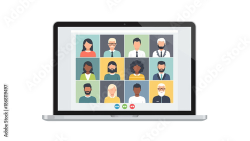Engaging in a virtual meeting with diverse participants on a laptop screen, facilitating remote team collaboration and online communication during a video conference