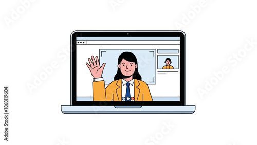 Professional Woman Waving Hello During an Online Video Conference Call on a Laptop, Showcasing Remote Work Communication and Virtual Team Collaboration