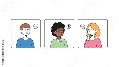 Illustrating the concept of effective virtual communication and remote team collaboration, showcasing diverse individuals connecting via online video conferencing technology