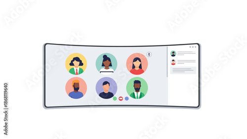 Virtual video conference meeting on a curved screen with diverse participant avatars and chat, depicting online team collaboration and remote communication
