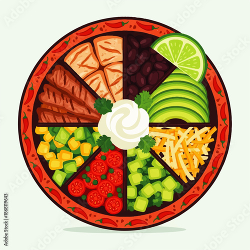 Flat vector illustration of a vibrant, healthy Mexican meal bowl. Features grilled chicken, avocado, black beans, colorful vegetables, cheese, sour cream, and lime