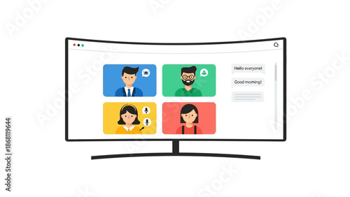 Virtual video conference call illustration on a modern curved monitor, featuring diverse avatars for remote team communication and collaborative online meetings