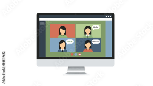 Remote teams connecting virtually through a computer screen displaying an online video conference, fostering modern communication and collaboration across distances