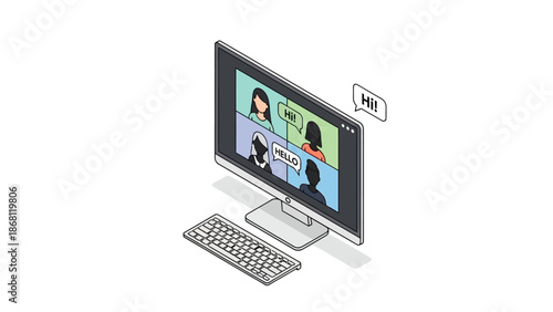 Isometric illustration of a virtual video conference call on a desktop computer, depicting remote team collaboration and digital communication with multiple participants