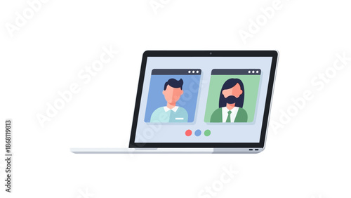 Modern illustration depicting a virtual video conference on a laptop screen, connecting professionals for remote work, team meetings, and digital collaboration