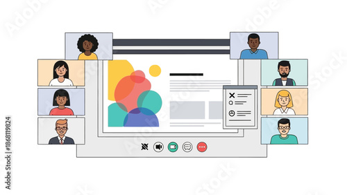 Diverse professionals collaborating in a virtual online video conference, connecting remotely to discuss business strategies and share ideas on a digital platform
