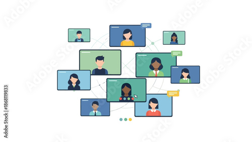 Virtual team meeting illustration showcasing diverse professionals collaborating remotely through video conference calls and online communication platforms