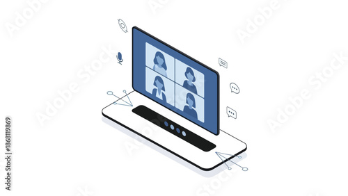 Isometric illustration of a laptop screen displaying a virtual conference with multiple participants, symbolizing remote work, online collaboration, and digital communication technology