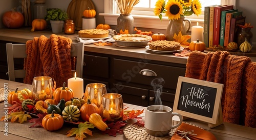 Thanksgiving table setting with pumpkins pie candles and autumn decor