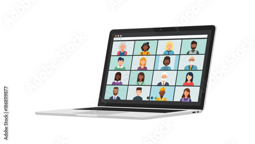 Virtual Meeting Interface on Laptop Screen Displaying Diverse Participants for Online Collaboration, Remote Team Communication, and Digital Conferencing
