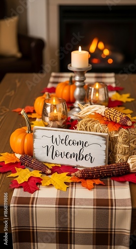 Thanksgiving table setting with pumpkins corn candle and welcome november sign