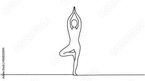 Yoga Woman Standing on One Leg with Hands Raised in Air