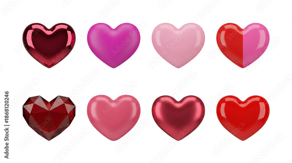 Obraz premium Heart shape set including glossy, metallic, matte, faceted, and gradient styles isolated. Romantic symbols for valentines day and wedding design.