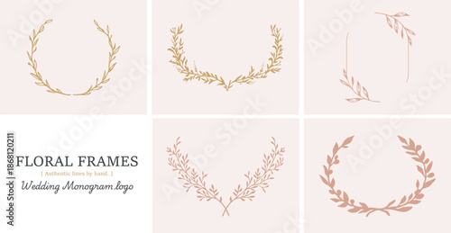 Hand Drawn Floral Wedding Monogram Frames, Elegant Botanical Logo Set, Minimal Wedding Crest Design
