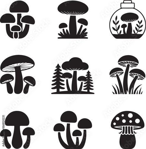Collection of various mushroom silhouettes and forest scenes