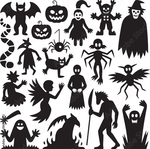 Collection of various Halloween characters and symbols in black silhouette