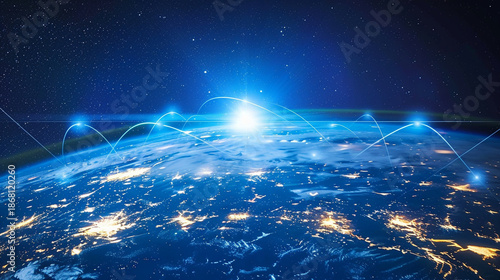 a satellite in orbit around Earth Communication Satellite over the Earth Global digital network concept with illuminated continents and flowing light trails around the globe glow, Generative AI