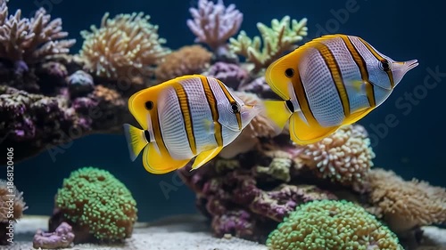 Two Yellow And White Striped Tropical Fish Swim In A Vibrant Coral Reef Aquarium With Colorful Anemones And Rocky Substrate Illuminated By Bright Light