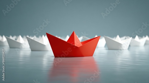 A vibrant red paper boat leads a fleet of white ones across a calm, reflective surface