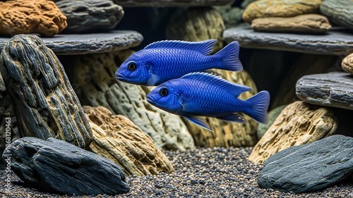 Two Vibrant Blue Cichlid Fish Swim Gracefully Through a Rocky Aquarium Habitat With Natural Stone Decorations and Gravel Substrate Under Soft Lighting