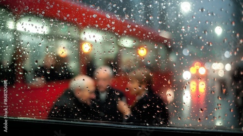 Rain drips down the bus window, creating a blurred view of passengers animatedly talking. The urban night hums with vibrant lights, setting a cozy yet lively scene as rain patters softly