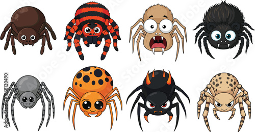 Cute and Scary Cartoon Spider Vector Set with Different Expressions Colorful Arachnid Character Illustration Collection