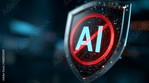 Digital shield with prohibited AI symbol representing artificial intelligence regulation, AI security, ethical technology, restricted access, data protection and responsible use of advanced AI systems