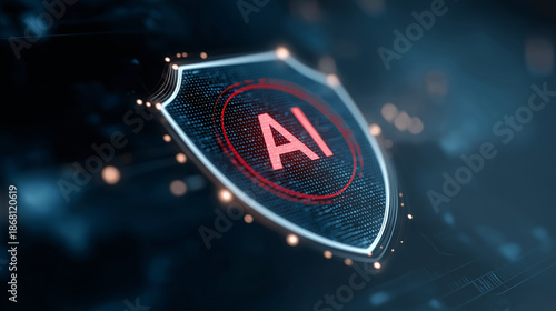 Futuristic digital shield with AI symbol representing artificial intelligence security, trusted AI systems, data protection, ethical technology, cyber defense and safe adoption of advanced AI solution