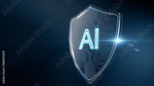 Futuristic digital shield with AI symbol representing artificial intelligence security, Protecting critical data with artificial intelligence from hackers, viruses, and human error.