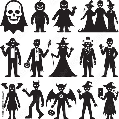 Halloween characters and creatures in black silhouette on white background