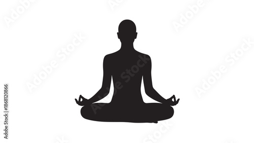 Black Silhouette of Man Meditating in Lotus Position Isolated on White