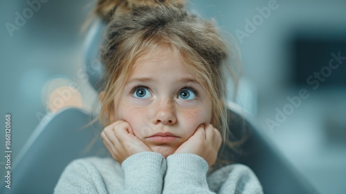 A young girl, hands under her chin, gazes upwards with a worried expression, in a dental chair