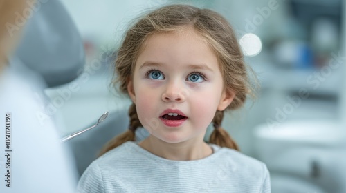 A young girl with light hair and blue eyes looks up at a dentist's instrument