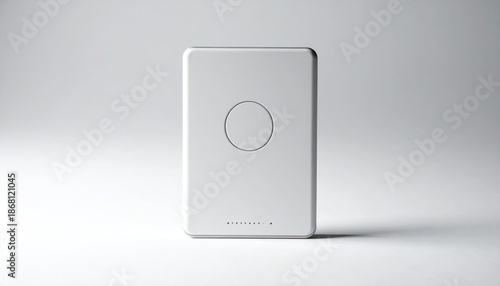 Minimalist White Smart Home Device with Central Button Design.