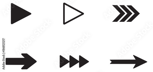 Modern graphic arrow and play symbol set featuring diverse directional and media playback shapes for user interface design