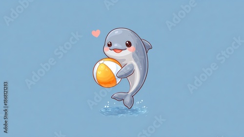 Adorable cartoon dolphin with a beach ball, heart above, on a light blue background