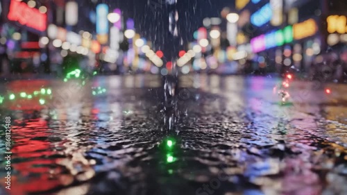 Wallpaper Mural A rainy street reflecting colorful city lights with green and red light trails and water droplets Torontodigital.ca