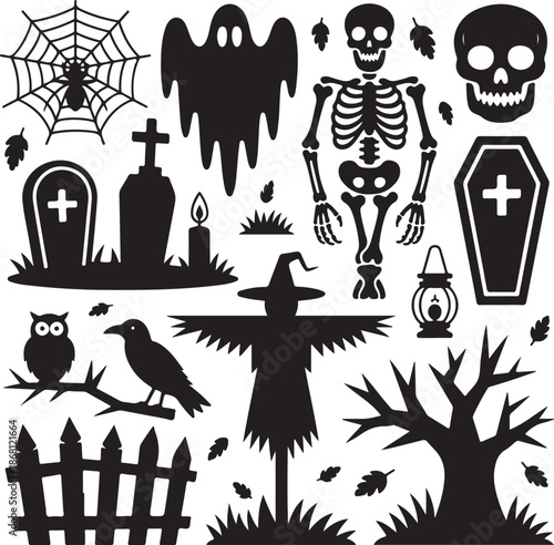 Halloween icons and symbols in black silhouette on white background
