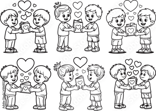 Set of Kids Exchanging Valentine Cards line art, black outline, vector and illustration, coloring book page line art drawing