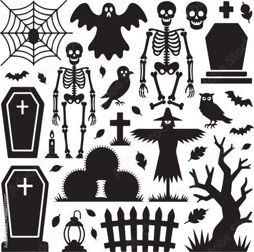 halloween icons set with skeletons and bats and coffins and crosses